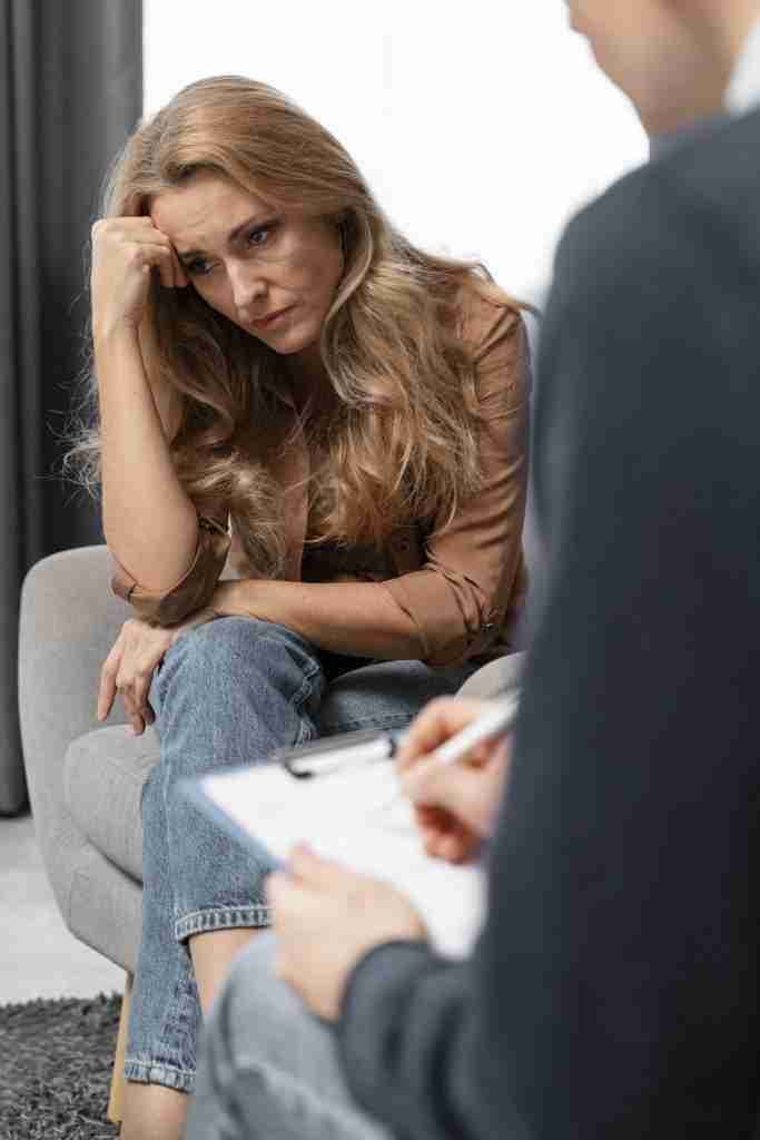 man therapist taking notes near woman