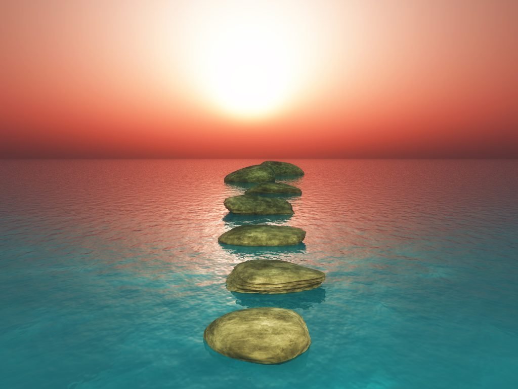 How Mindfulness Alleviates Stress and Illuminates Your Path to Well-Being 2 3d stepping stones sunset ocean