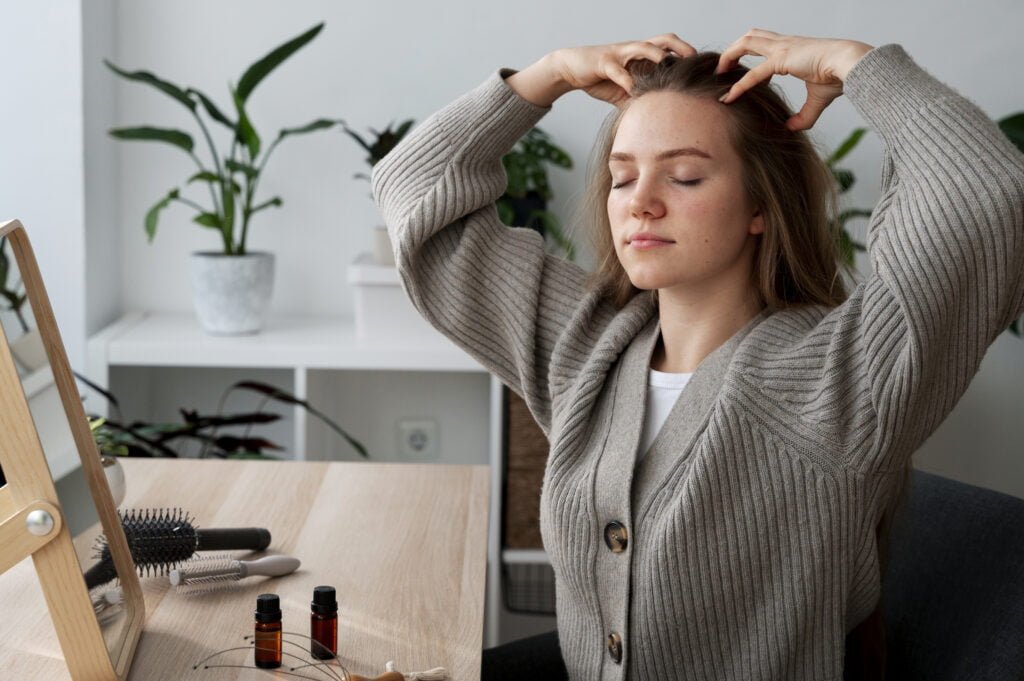 The Role of Self-Love in Stress Management and Resilience 4 woman giving herself scalp massage