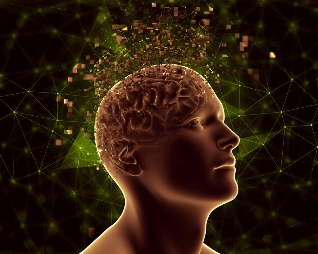 The Science Behind the Law of Attraction - Neuroplasticity and Quantum Physics 3 3D male figure with pixelated brain depicting mental health problems