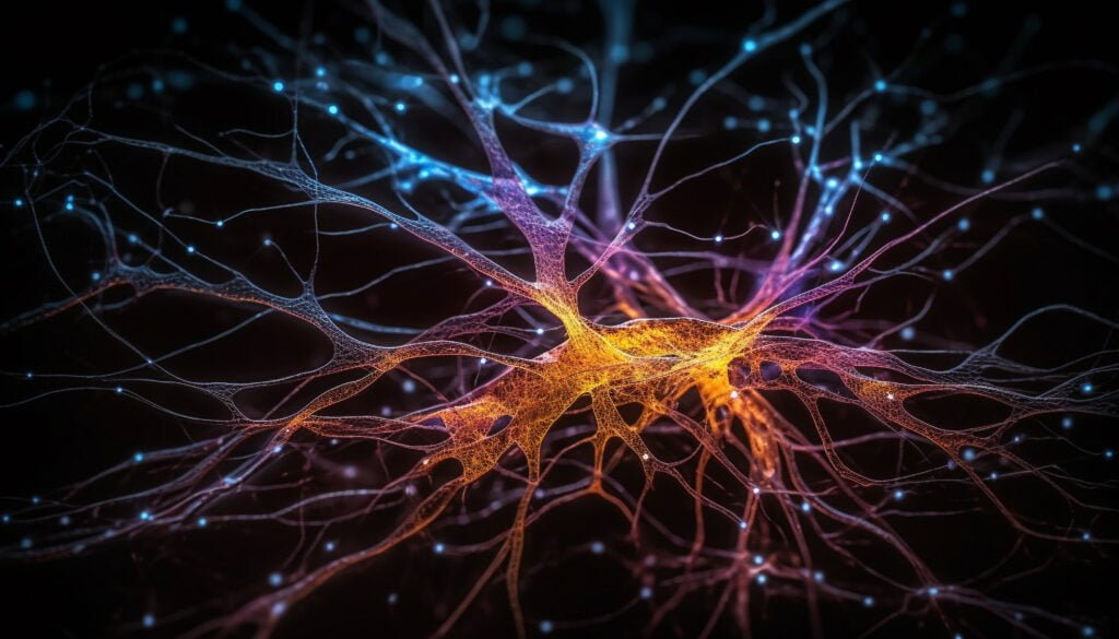 The Science Behind the Law of Attraction - Neuroplasticity and Quantum Physics 1 Glowing synapse multi coloured neural communication in abstract design generated by artificial intelligence