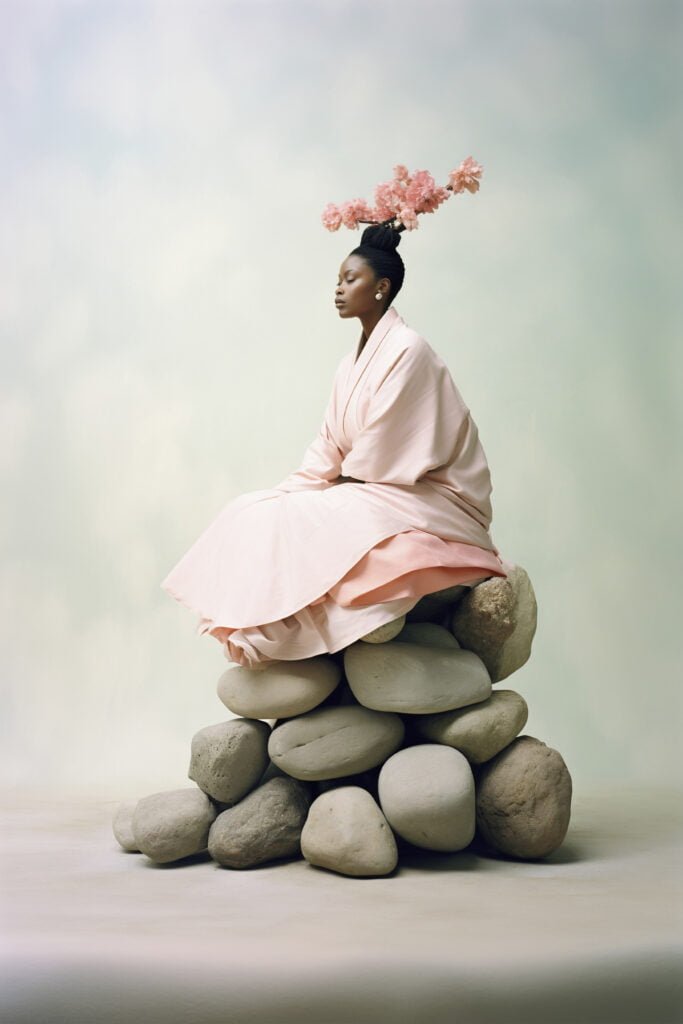 Using the Law of Attraction to Overcome Anxiety and Depression 5 A woman feeling peaceful and calm, sitting on a pile of stones