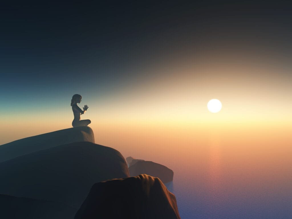 The Dark Side of the Law of Attraction - Addressing Criticisms and Ethical Concerns 4 3D render of a female in yoga position against sunset ocean