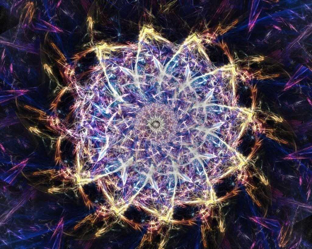 The Connection Between the Law of Attraction and the Law of Vibration 4 A fractal art with trippy patterns and cool dark colours depicting the Law of Attraction and the Law of Vibration