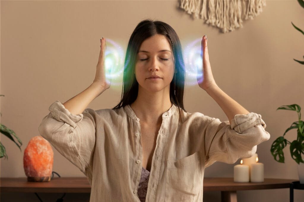 The Connection Between the Law of Attraction and Energy Healing Modalities 4 A woman using energy to heal herself