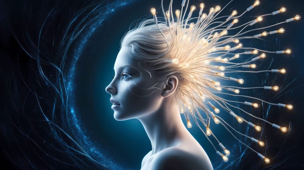 The Future of Manifestation - Emerging Trends and Technologies in the Law of Attraction 1 a woman with light bulbs in her hair